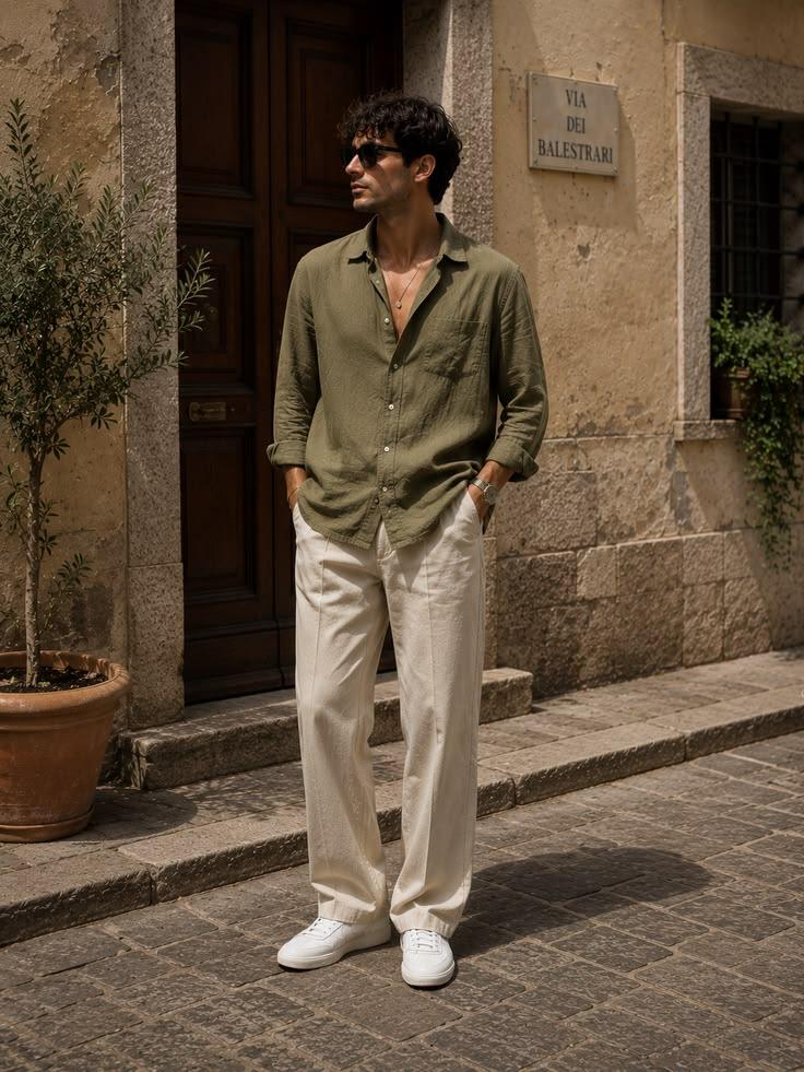 Olive button-up shirt and cream trousers summer outfit